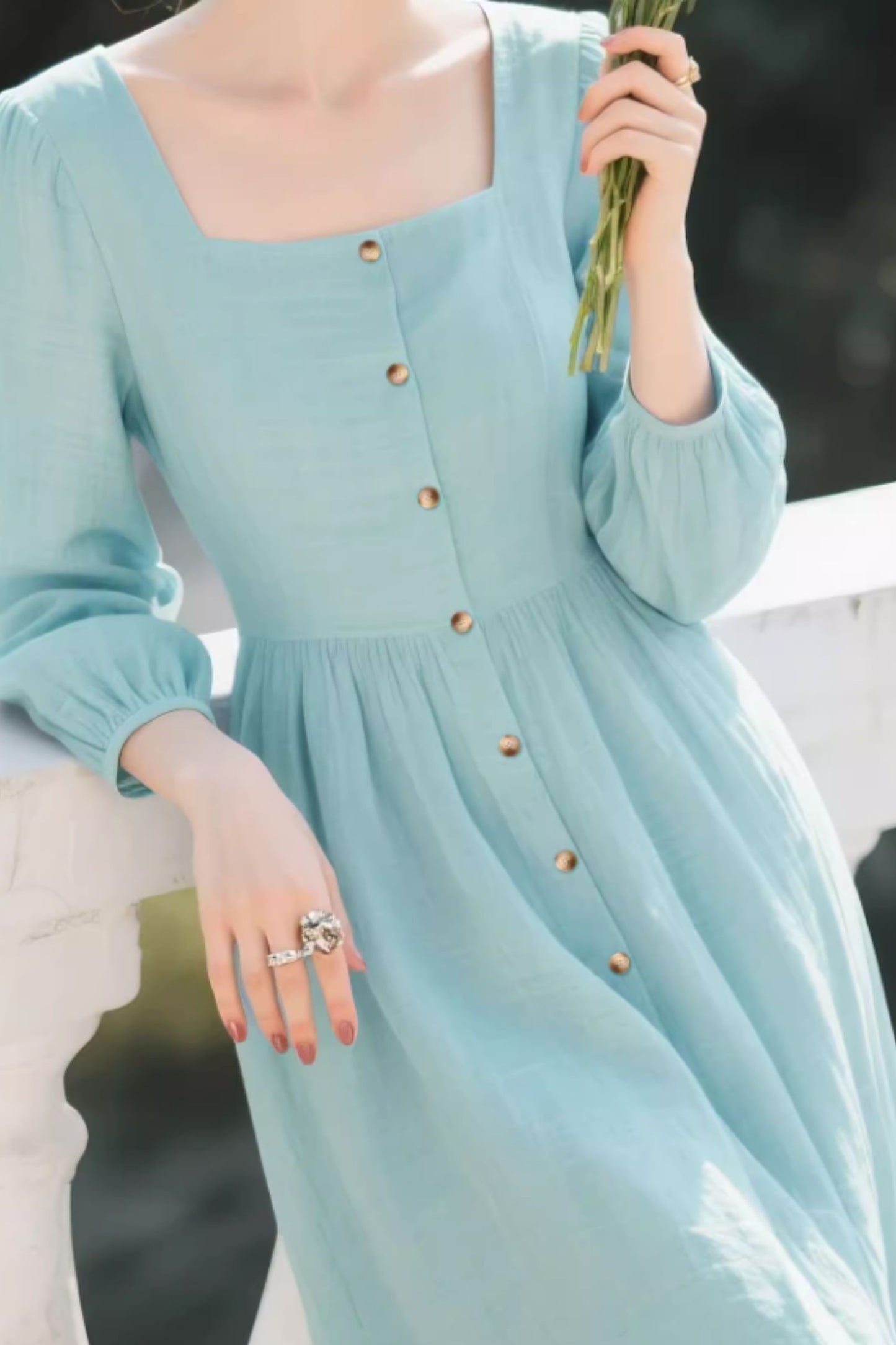 Linen Midi Dress – Vintage Square Neck Button Front Summer Dress | Xiaolizi 6638