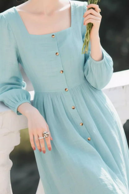 Linen Midi Dress – Vintage Square Neck Button Front Summer Dress | Xiaolizi 6638