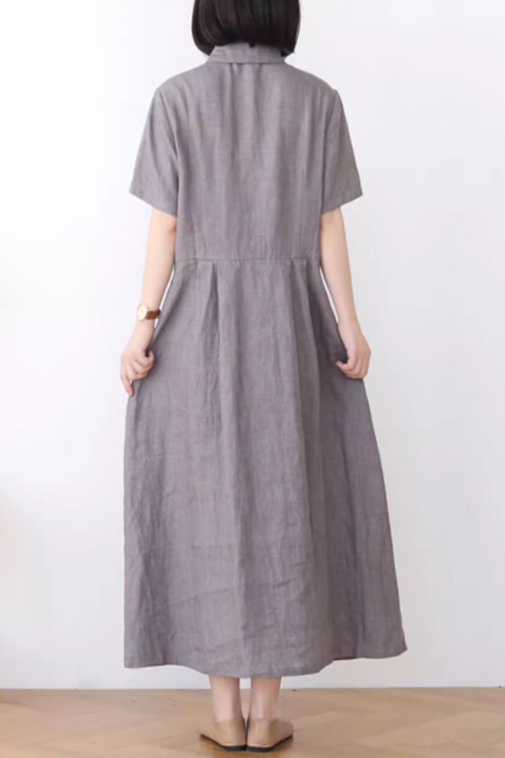 Gray summer linen shirt dress with pockets 4835