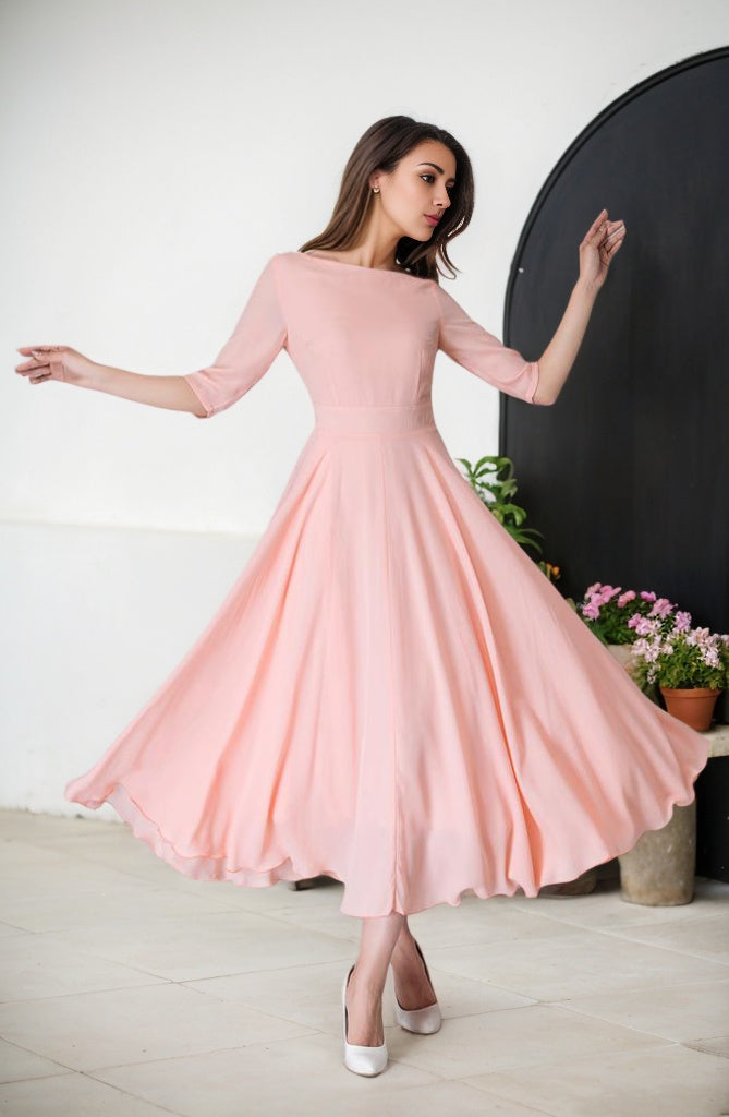 Elbow length sleeves fit and flare Midi dress 1524# Xiaolizi Elbow length sleeves fit and flare Midi dress 1524# Xiaolizi