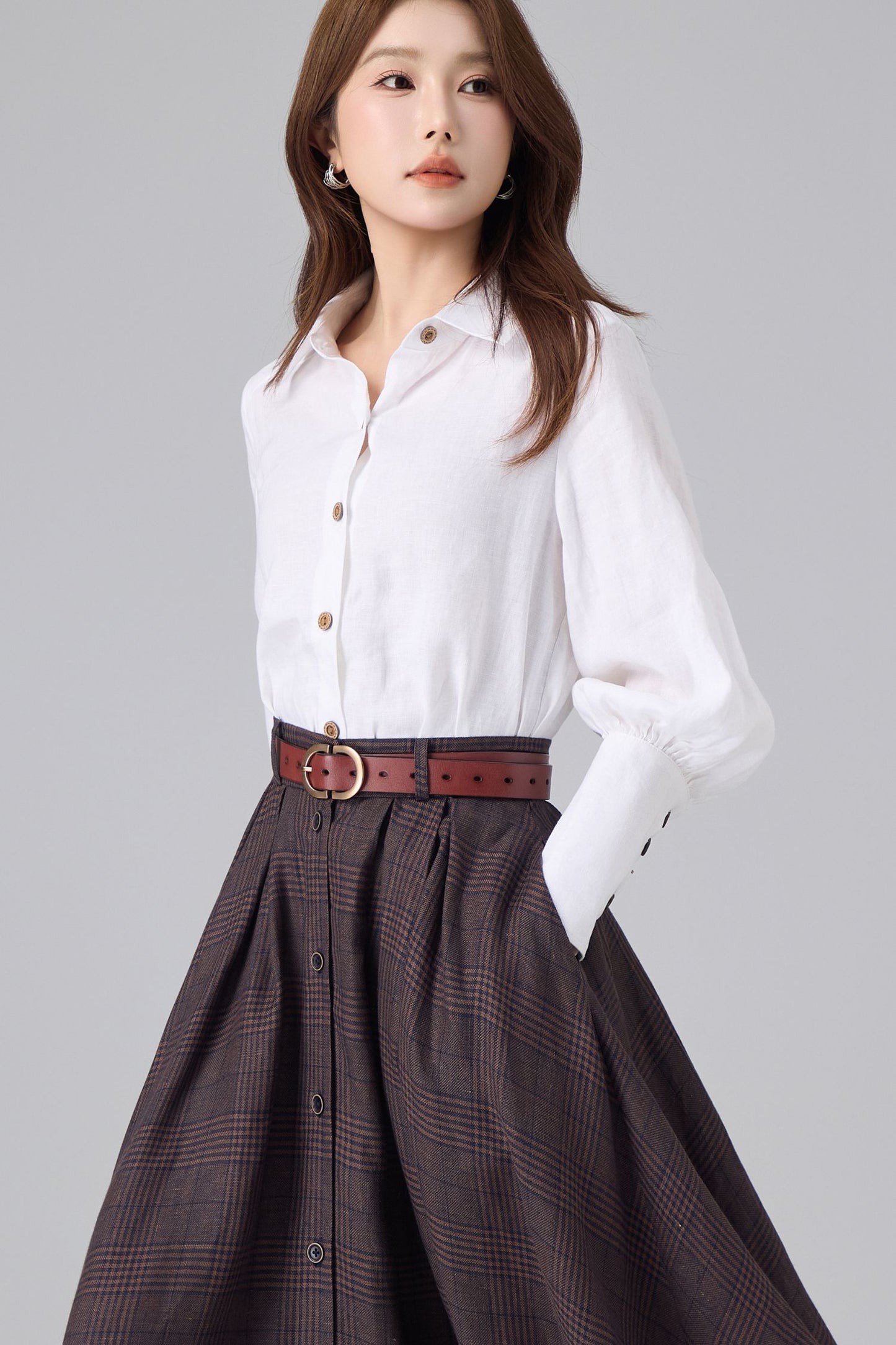 White Linen Cotton Shirt for Women – Puff Sleeve Vintage Inspired Button Blouse | Xiaolizi 6765