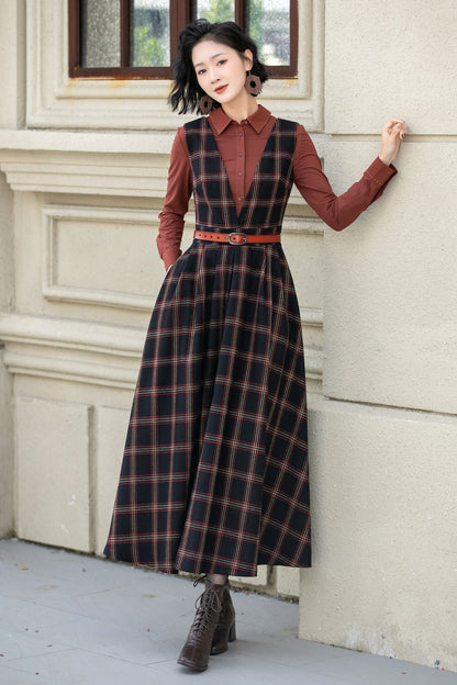 Fit and flare plaid pinafore wool dress women 5354