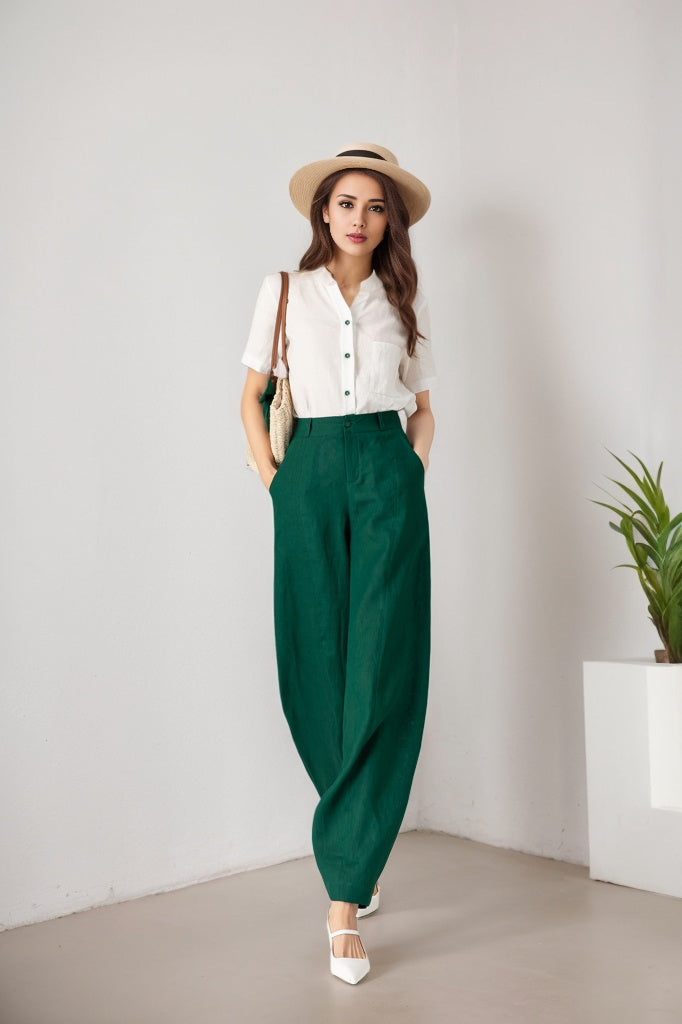 Green Linen Cotton Loose Wide Leg Pants - High Waist Relaxed Fit 5901