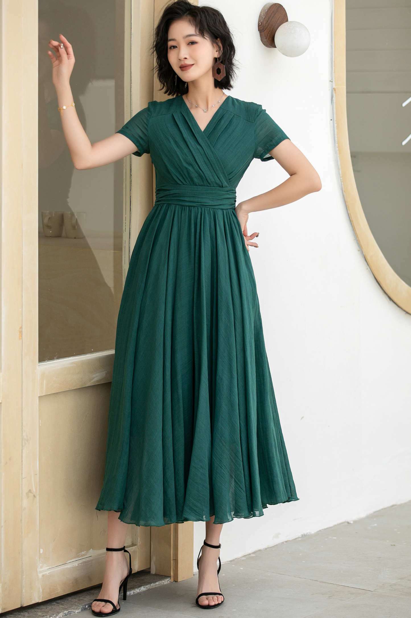 Green Maxi Pleated linen dress 5832