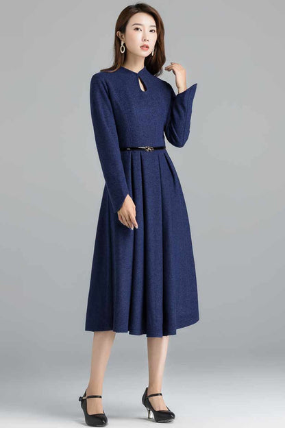 Blue Wool Midi Dress - Mandarin Collar, Pleated A-Line Silhouette 2401