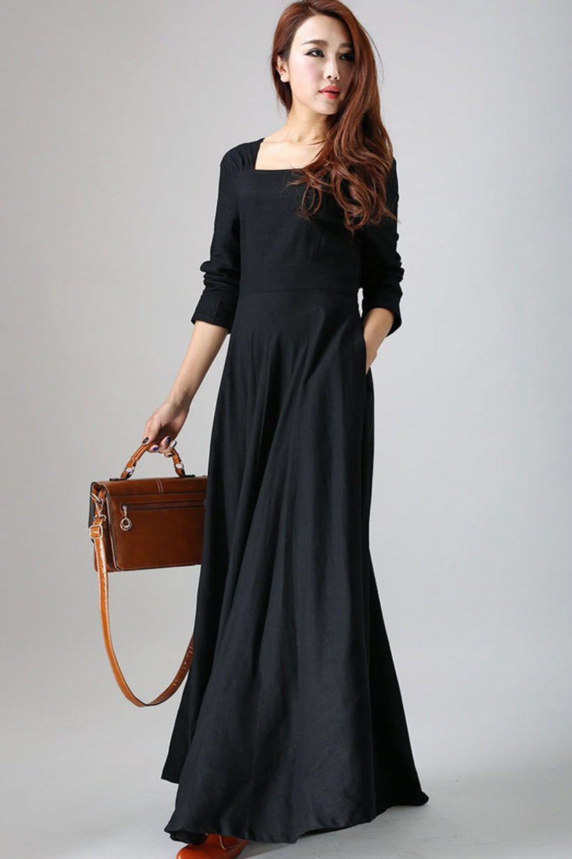 Black Linen Maxi Dress with Pleated Skirt and Square Neckline – Xiaolizi