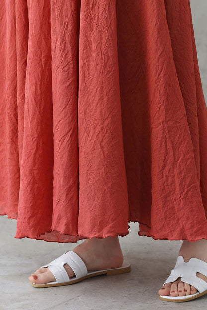 Bohemian Rust Red Linen Maxi Skirt – High-Waist Swing Hem – 2744