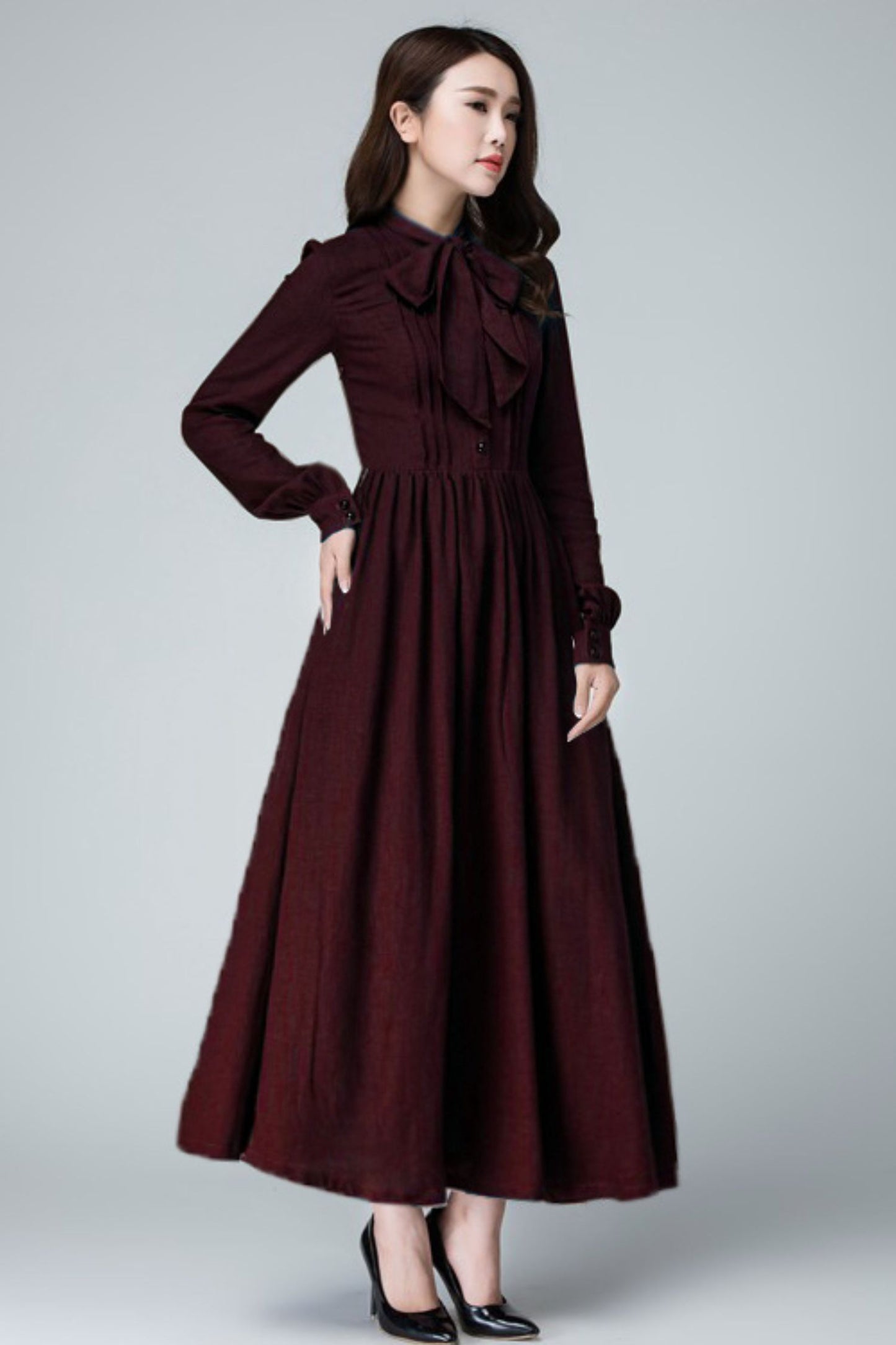 Burgundy Linen Maxi Dress – Vintage Long Sleeve Elegant Dress 6676