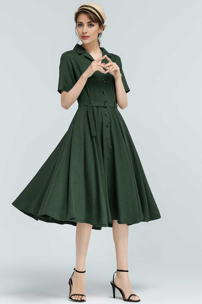 Green Linen-Cotton Midi Shirt Dress - Belted Vintage Swing 5764