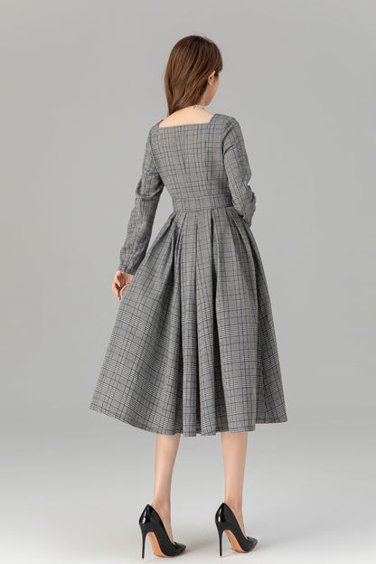Plaid Linen Midi Dress - Swing Silhouette with Long Sleeves 4935
