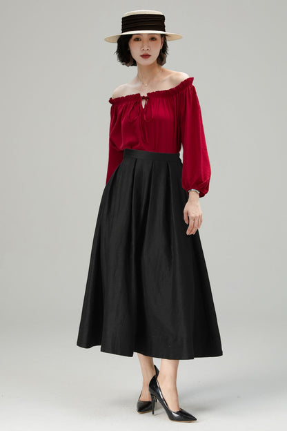 Black Linen Midi Skirt - High Waist A-Line | Xiaolizi 6716