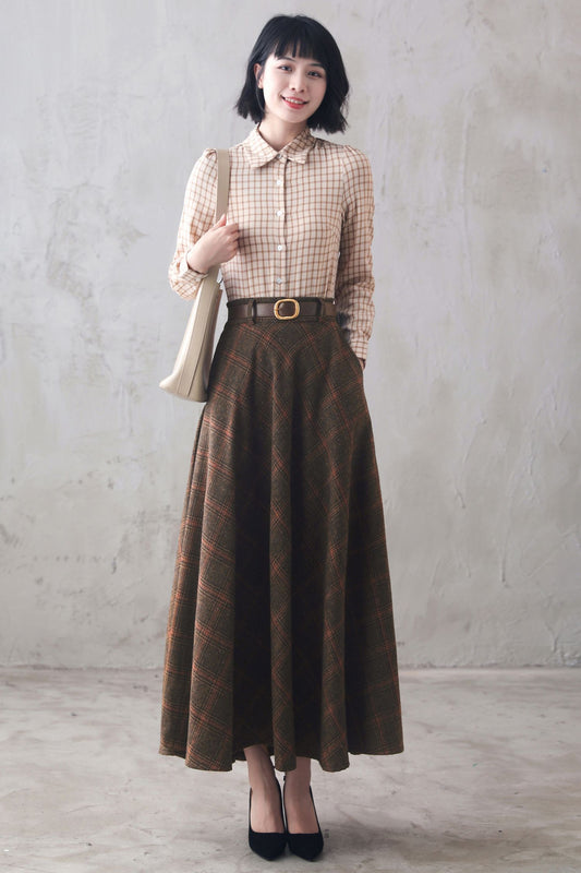 Vintage Inspired Long Plaid Wool Skirt 3102