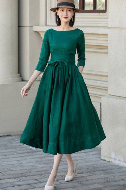Emerald Green Linen Midi Dress - Bow Tie Waist Pockets | Xiaolizi 5721
