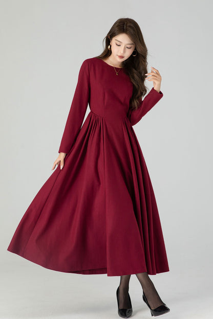 Burgundy Wool Maxi Dress - Fit and Flare Silhouette with Pleated Waist 4545