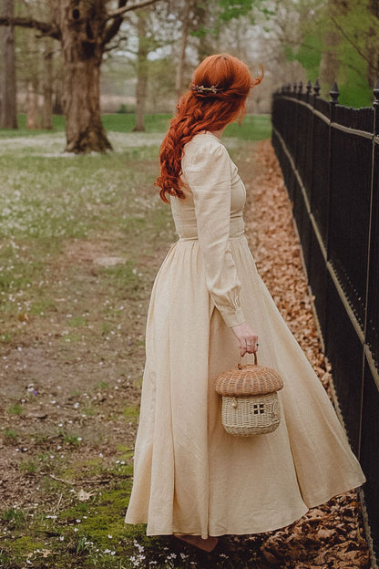 Beige Linen Maxi Dress - Pleated Waist & Lantern Sleeves 3498