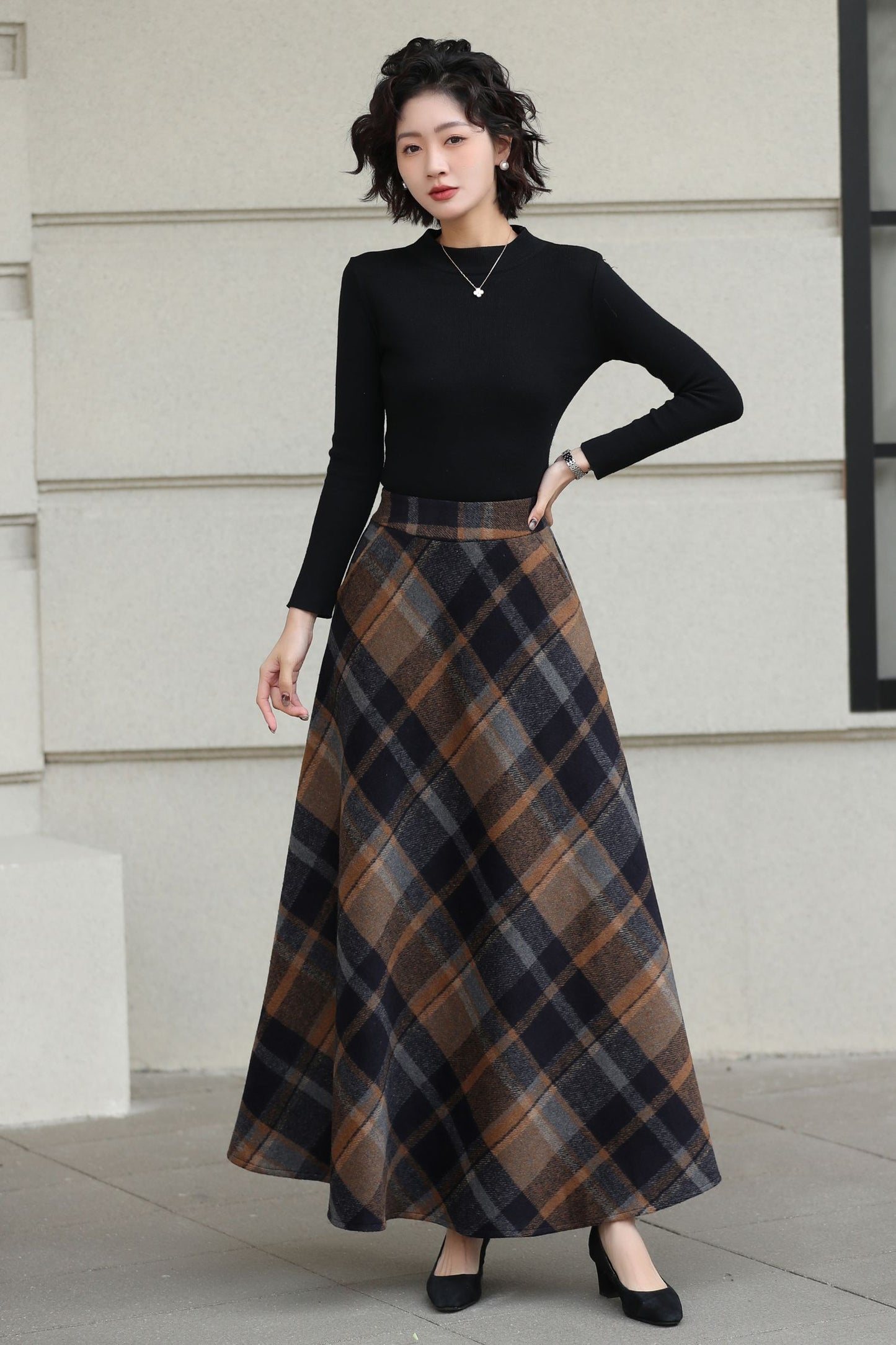 Xiaolizi Plaid Wool Maxi Skirt for Women – Handmade A-Line Winter Full-Length Skirt 6605