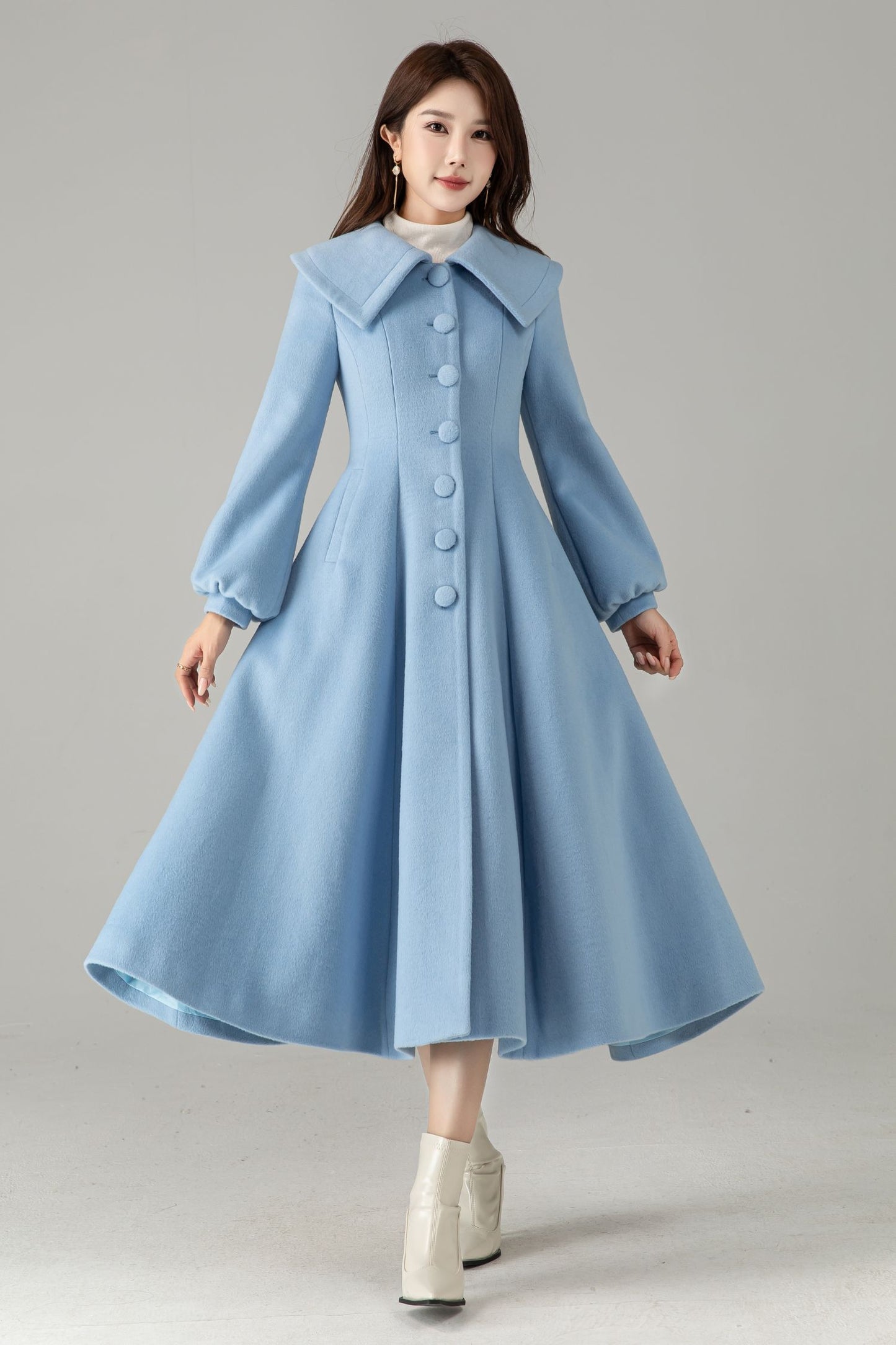 Sky Blue Wool Princess Coat – Vintage Fit and Flare Swing Winter Coat | Xiaolizi 6576