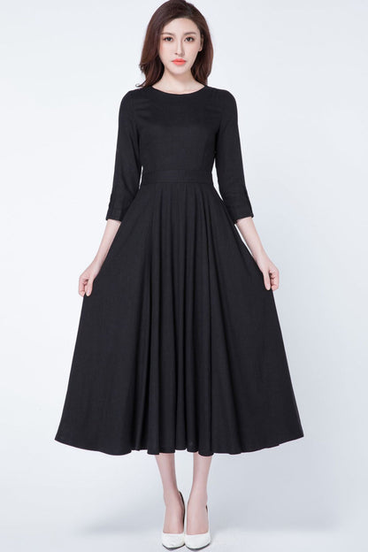Black Linen Midi Dress - Fit and Flare Silhouette with Pockets 1728