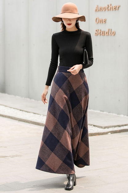 Plaid Wool Maxi Skirt - Vintage Inspired Pleated Circle 2837