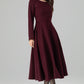Burgundy Wool Dress – Handmade Long Sleeve Fit & Flare Winter Midi | Xiaolizi 6392