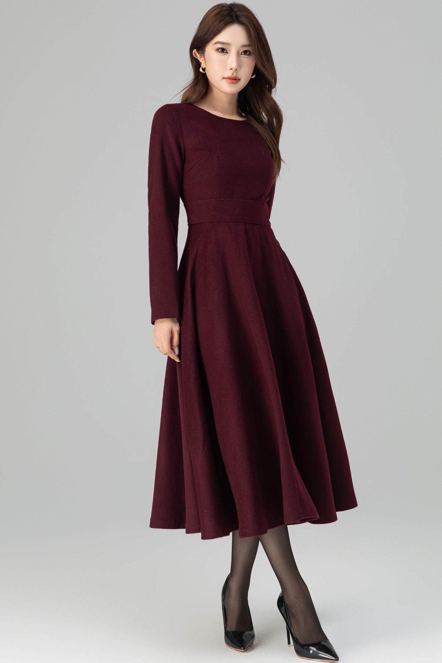 Burgundy Wool Dress – Handmade Long Sleeve Fit & Flare Winter Midi | Xiaolizi 6392