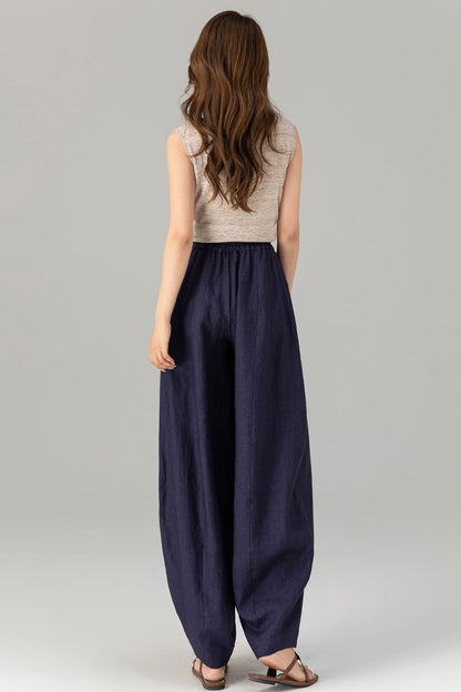 Navy Linen Cotton Wide Leg Pants - Lantern Silhouette with Pockets 4907