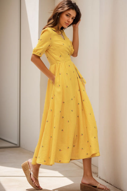 Short sleeve floral Linen midi summer dress 5118