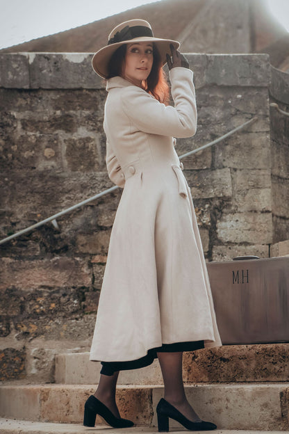 Cream White Wool Blend Coat - Double-Breasted A-Line Overcoat 3183