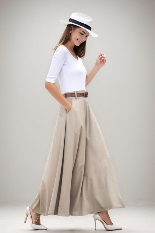 Dark Khaki High waist Linen Maxi Skirt with Pockets  2783