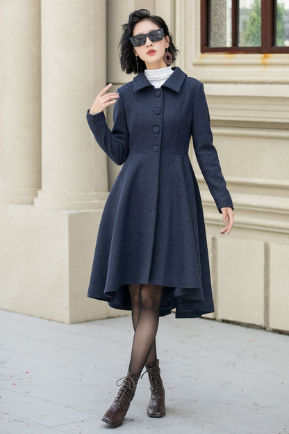Navy Blue Wool Coat – Vintage Winter Cape Overcoat with High-Low Hem 5352