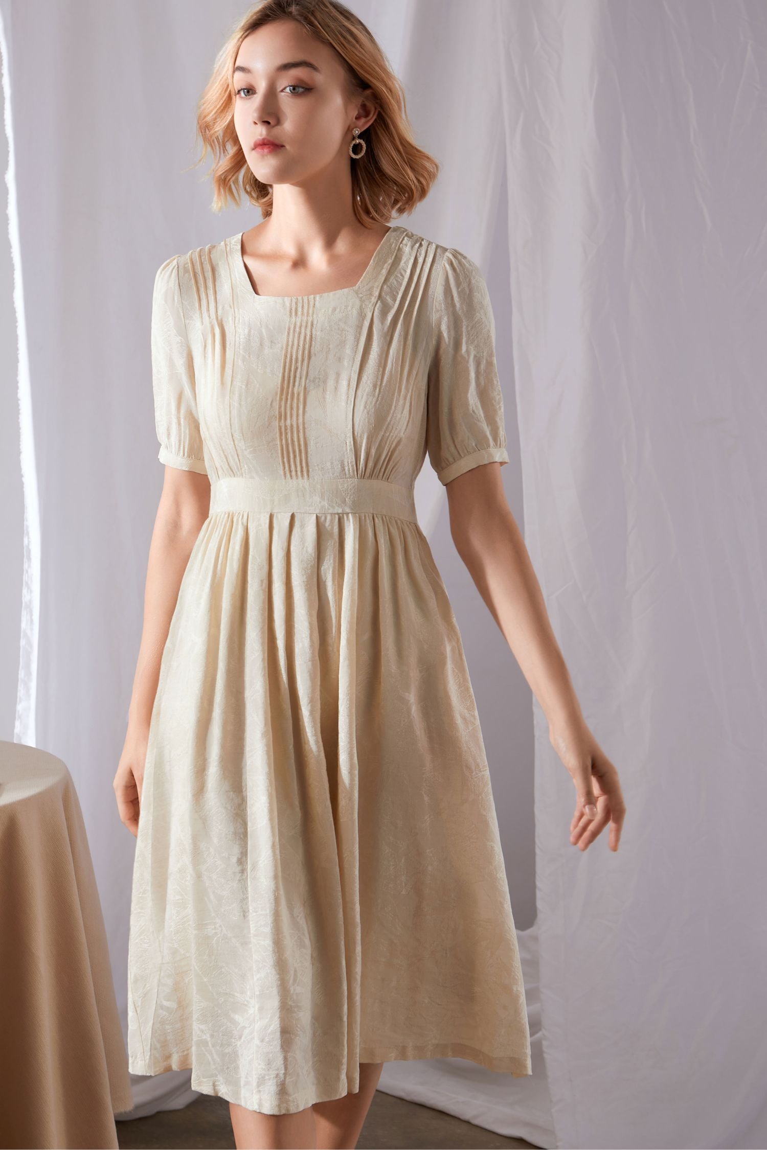 Beige Linen Midi Dress - Pleated Swing with Puff Sleeves 3461