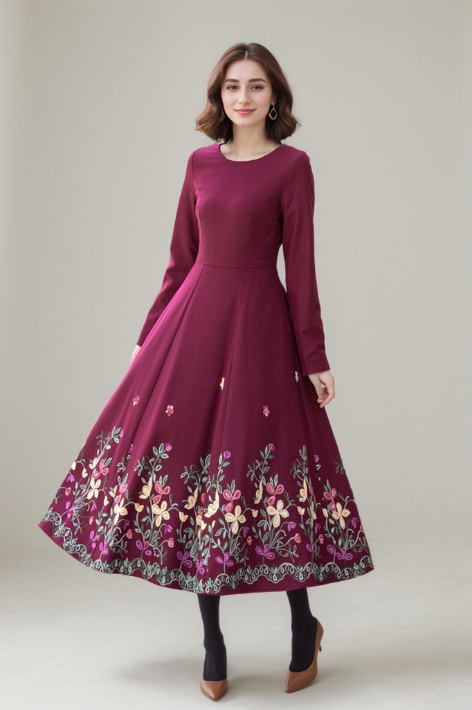 Embroidered burgundy fit and flare wool dress 5307