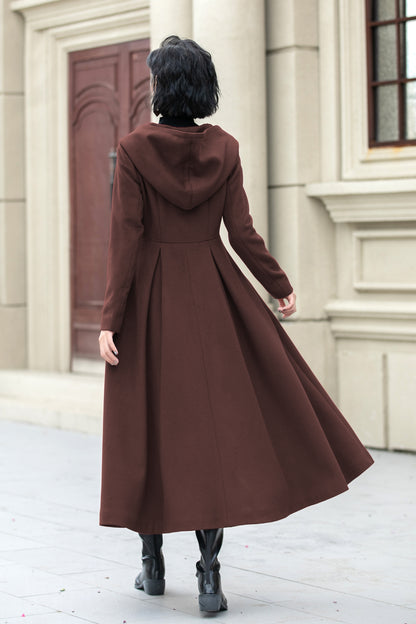 Brown Wool Swing Coat with Hood - Elegant Midi Length 6307