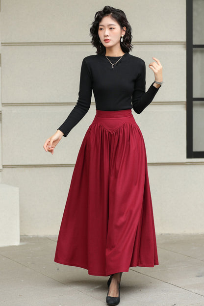 Burgundy Wool Maxi Skirt - Handmade High-Waisted Pleated 6420