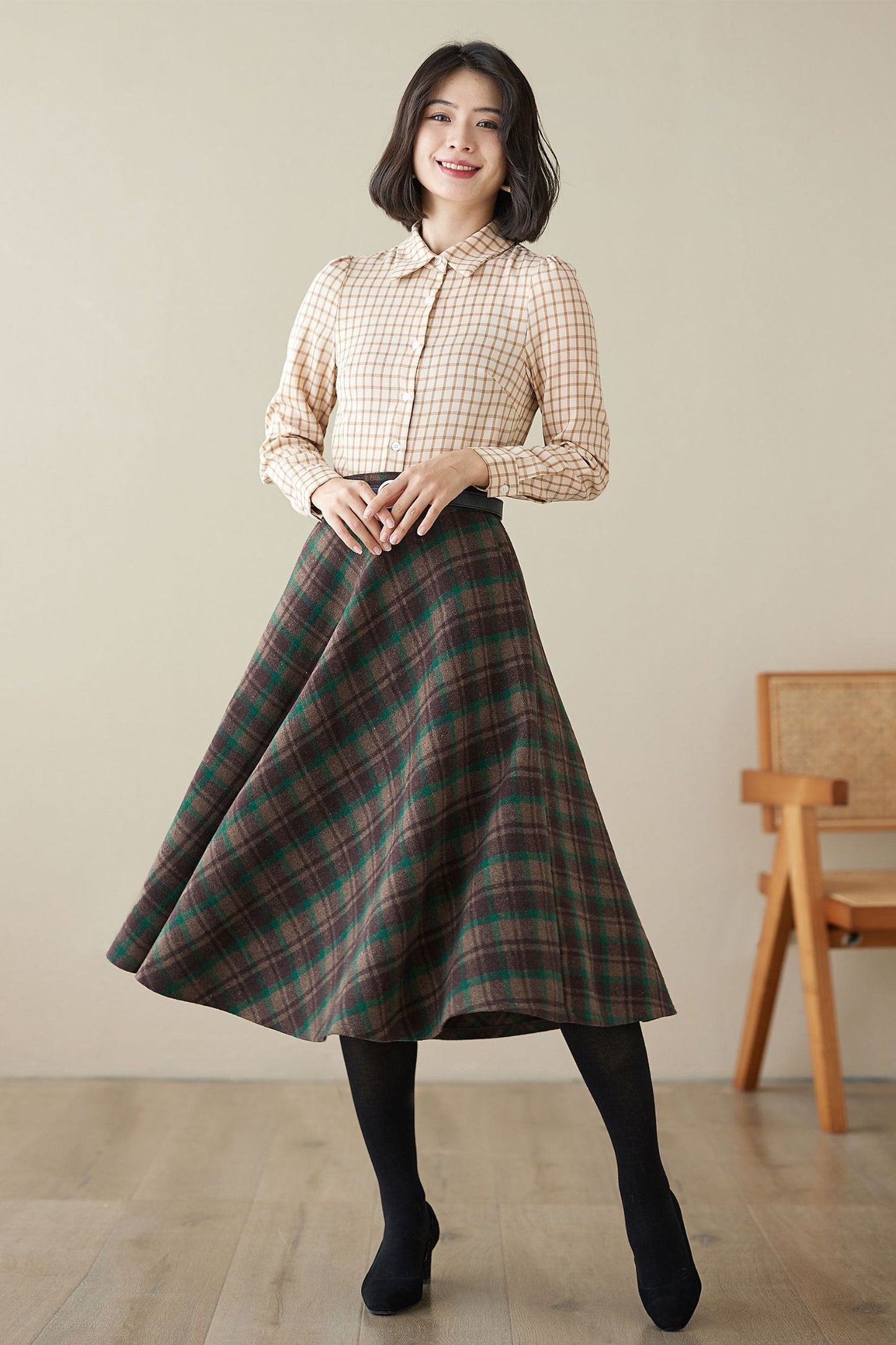 Midi Swing Circle Wool Plaid Skirt 4623