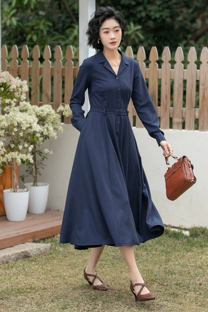 Xiaolizi Navy Linen Shirt Dress – Vintage A-Line Midi 6694-Size XS #CK2600163