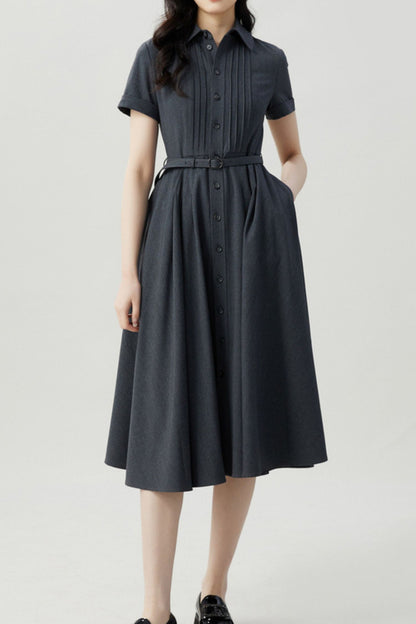 Charcoal Polyester Midi Shirt Dress - Button Front with Belted Waist HY0029