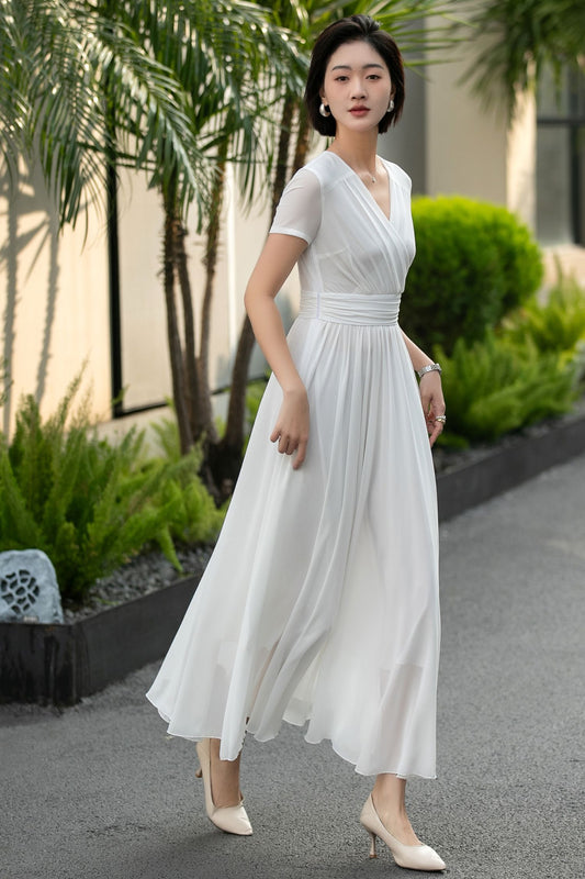 Handmade White Chiffon Maxi Dress – Vintage Empire Waist Dance Dress 6662