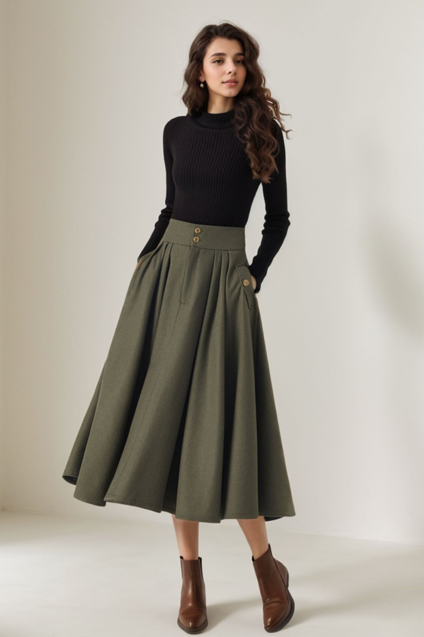 Army green swing winter wool skirt 5249