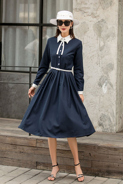 Summer Fall Navy Formal Button Up Midi Dress 2845