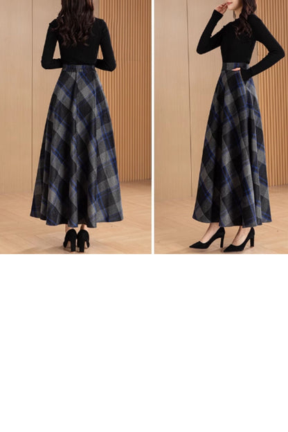 Plaid Wool Maxi Skirt - Swing A-Line Silhouette 5562
