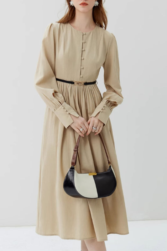 Beige Cotton Blend Midi Dress - Vintage-Inspired Long Sleeves 4816