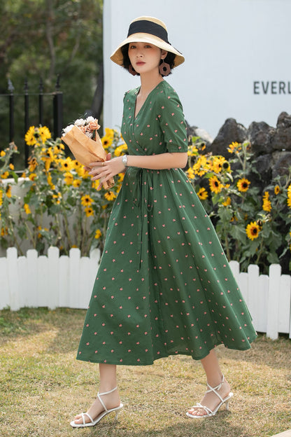 Xiaolizi Green Linen Midi Dress – Vintage Wrap Puff Sleeve Summer Dress 6689 -Size XS #CK2600175