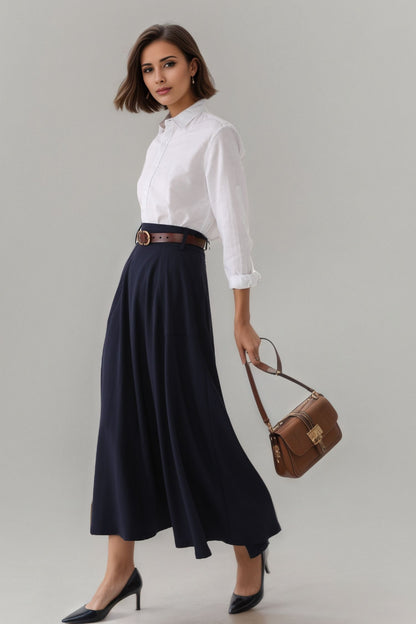 Handmade Cotton Blend A-Line Midi Skirt – Vintage High Waist Swing Skirt with Pockets 6302