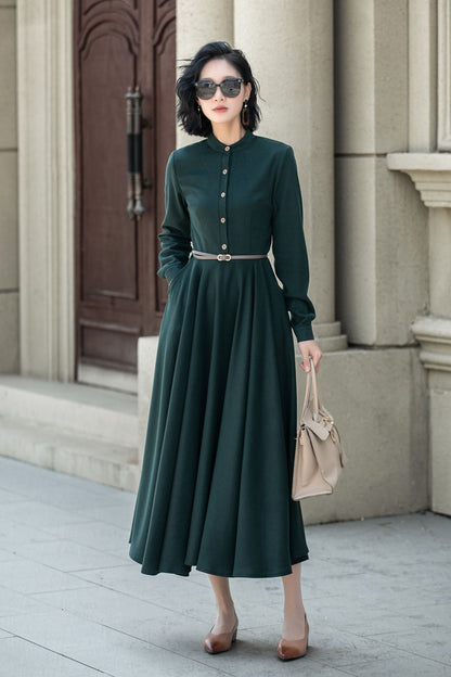 Dark Green Wool Maxi Dress - Long Sleeve, Flowy Winter Style 5314