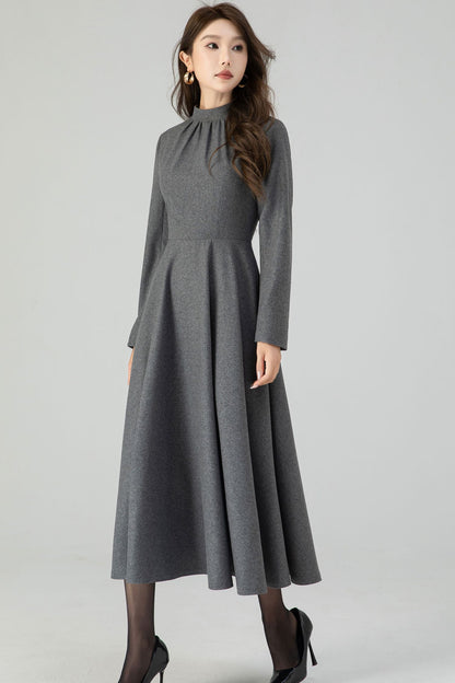 Retro gray swing wool dress 4549