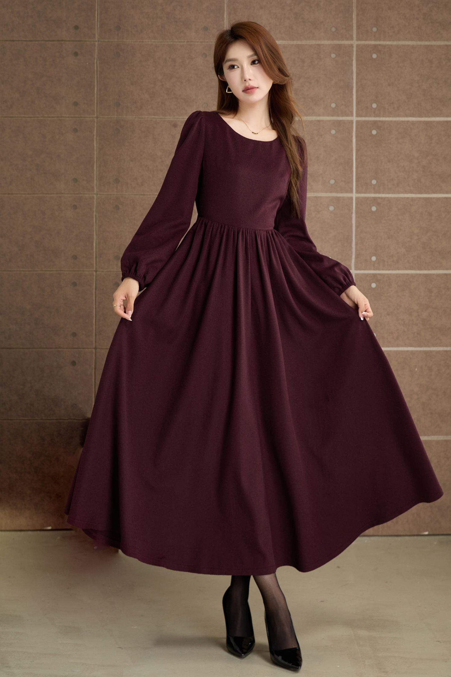 Burgundy Wool Maxi Dress – Elegant Long Sleeve Vintage Winter Dress 5359 Black / M