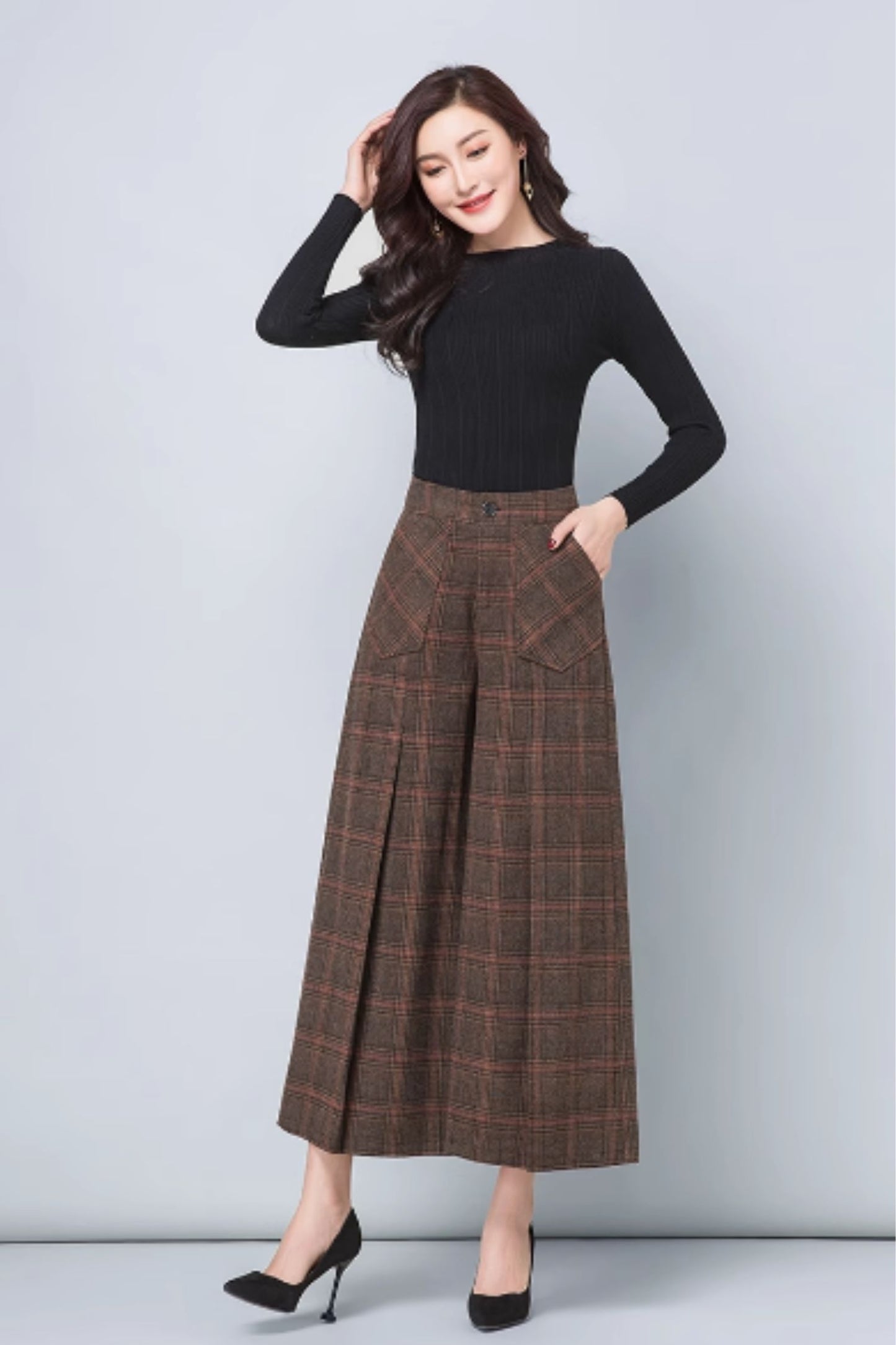 Plaid wide leg wool pants women 5419