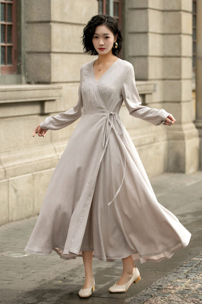 Gray Linen Dress - Wrap Style with Long Sleeves and Waist Tie 5672