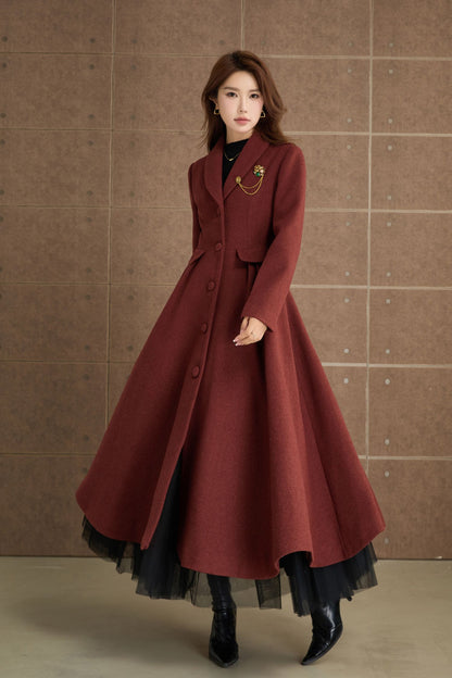 Red Brown Wool Fit and Flare Coat – Vintage Long Winter Wool Overcoat 5369